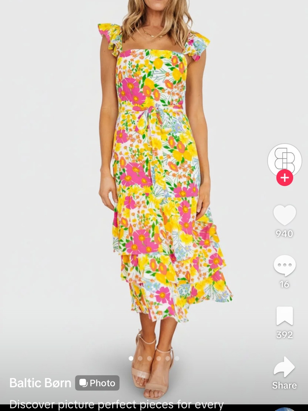Baltic Born Yellow & Pink Floral Ruffle Midi Dress